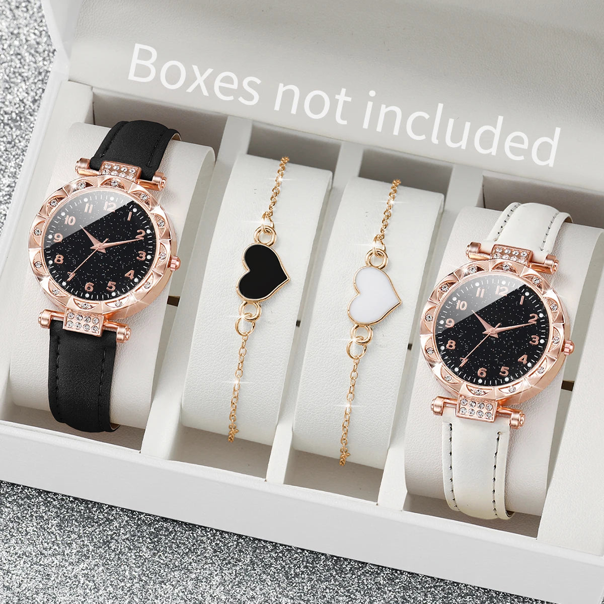 4pcs/set Montre à quartz avec bracelet en cuir pour femmes avec bracelet en forme de cœur Ensemble blanc noir
