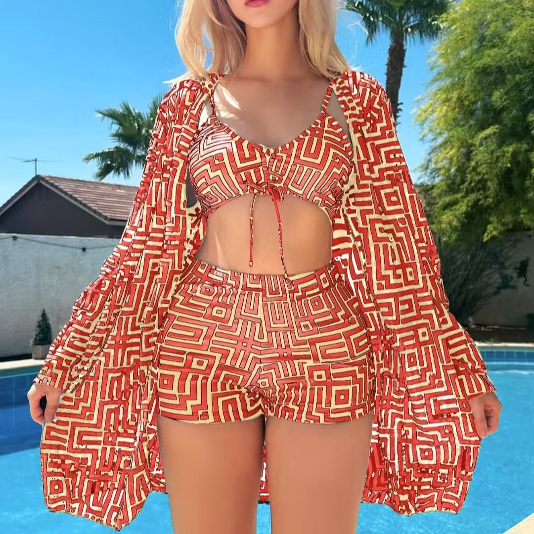 Maillot de bain trois pièces imprimé à carreaux multicolores