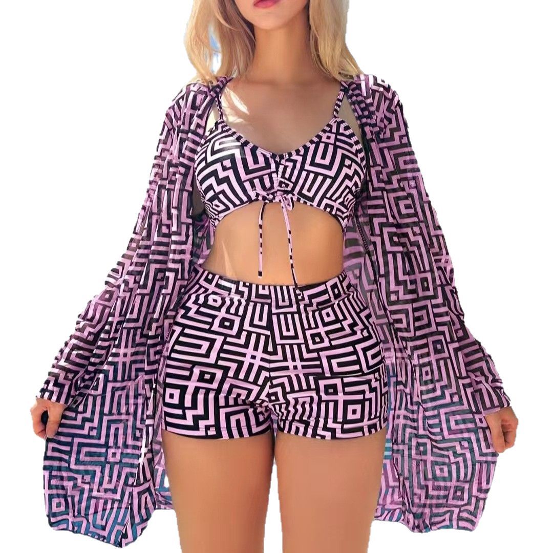 Maillot de bain trois pièces imprimé à carreaux multicolores