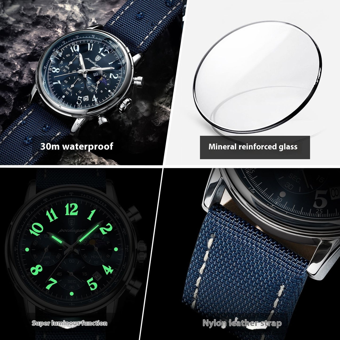 Montre à quartz étanche multifonctionnelle à la mode pour hommes