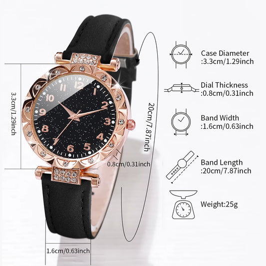 4pcs/set Montre à quartz avec bracelet en cuir pour femmes avec bracelet en forme de cœur Ensemble blanc noir