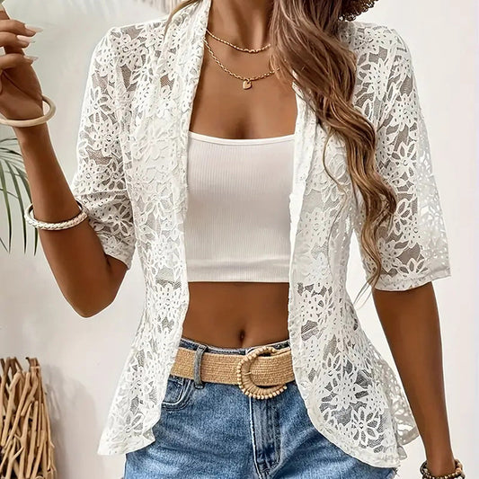 Boléro à manches en dentelle florale  pour femmes, épaules, blazer cardigan transparent à l'avant ouvert