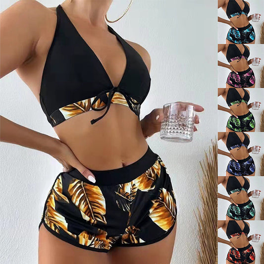 Bikini imprimé feuille 3 pièces pour femmes